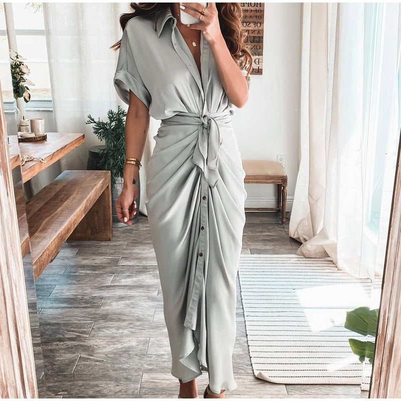 Marina – Vestido largo de satén con drapeado y lazo en la cintura para mujer