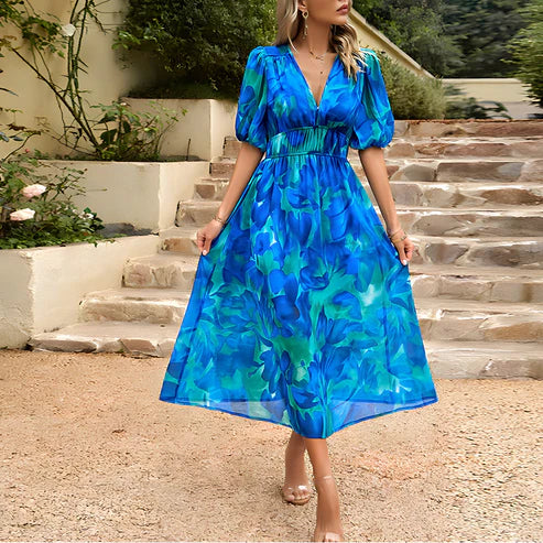 Emilia – Vestido midi con mangas abullonadas y escote en V profundo para mujer