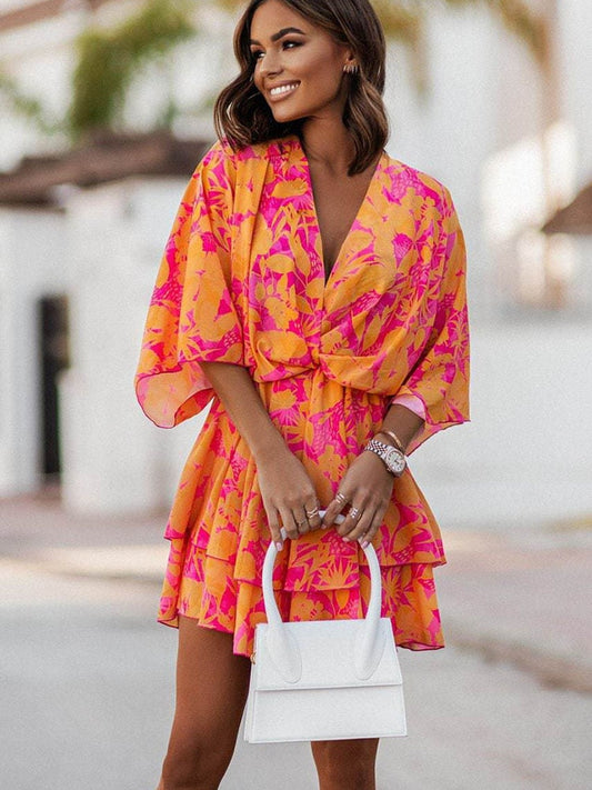 Camila – Vestido mini con estampado floral, escote en V y mangas largas para mujer