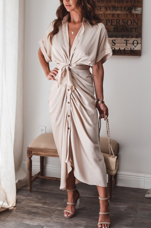 Marina – Vestido largo de satén con drapeado y lazo en la cintura para mujer