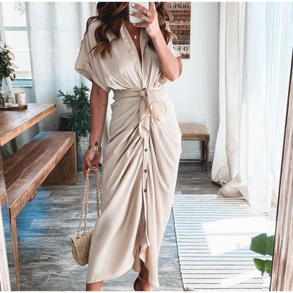 Marina – Vestido largo de satén con drapeado y lazo en la cintura para mujer