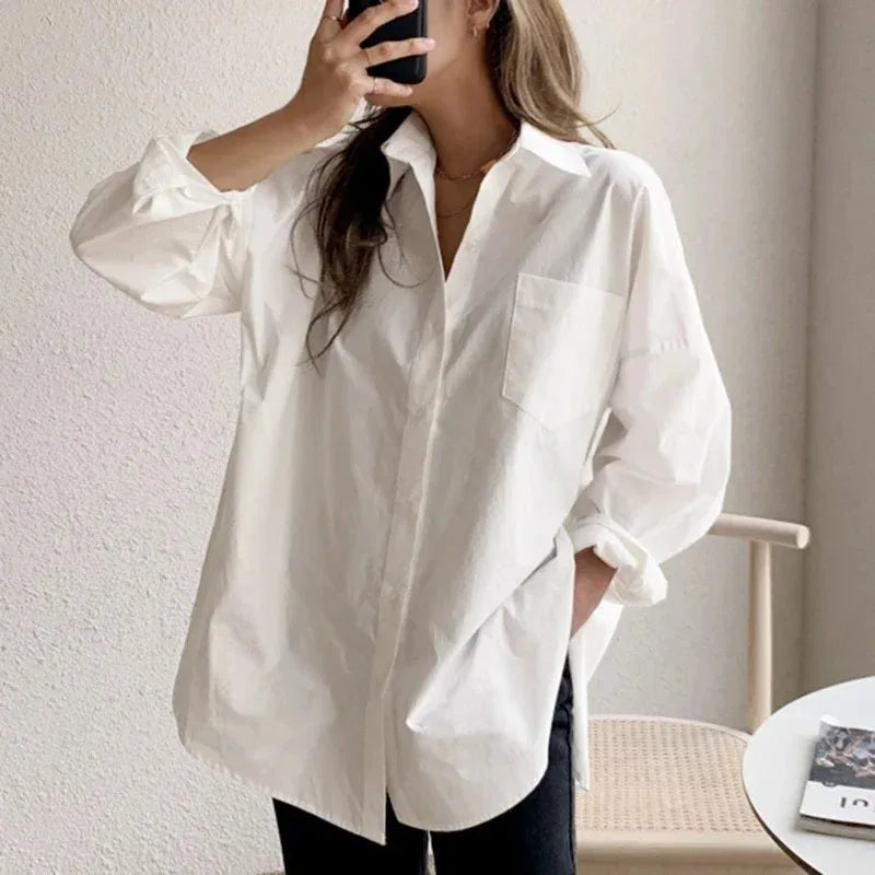 Selvyn – Blusa oversized de botones y manga larga para mujer