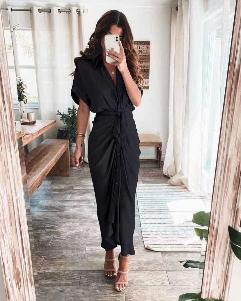 Marina – Vestido largo de satén con drapeado y lazo en la cintura para mujer