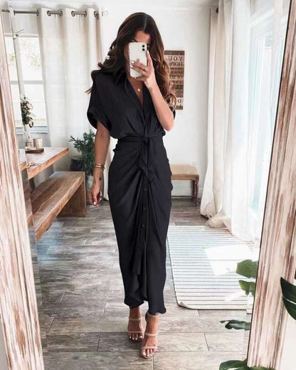 Marina – Vestido largo de satén con drapeado y lazo en la cintura para mujer