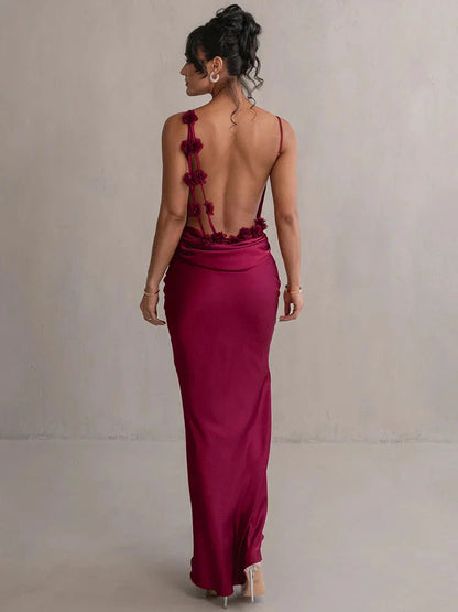 Sakura – Vestido maxi satinado con cuello cascada para mujer