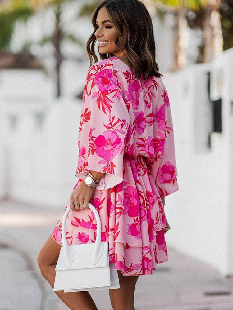 Camila – Vestido mini con estampado floral, escote en V y mangas largas para mujer
