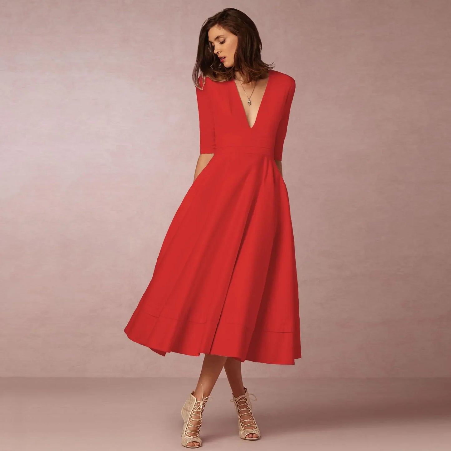 Vestido midi con escote en V y mangas al codo para mujer – MARIELA