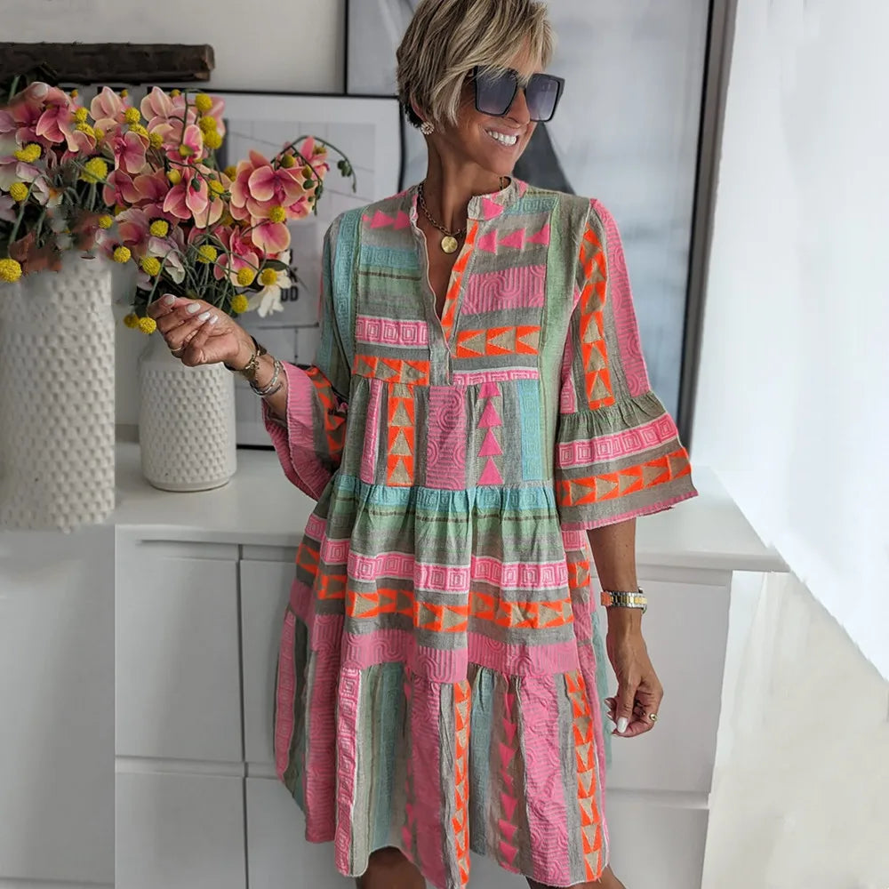 Vestido túnica bohemio con capas y estampado fluido – AYLANNA