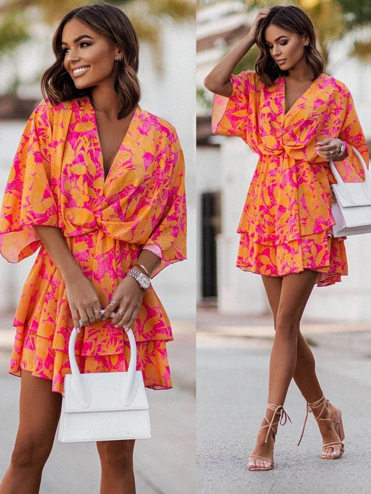 Camila – Vestido mini con estampado floral, escote en V y mangas largas para mujer