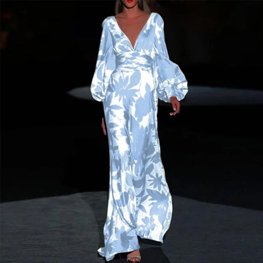 Vestido largo elegante con manga larga y escote en V – ARYA