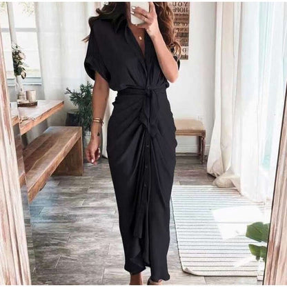 Marina – Vestido largo de satén con drapeado y lazo en la cintura para mujer