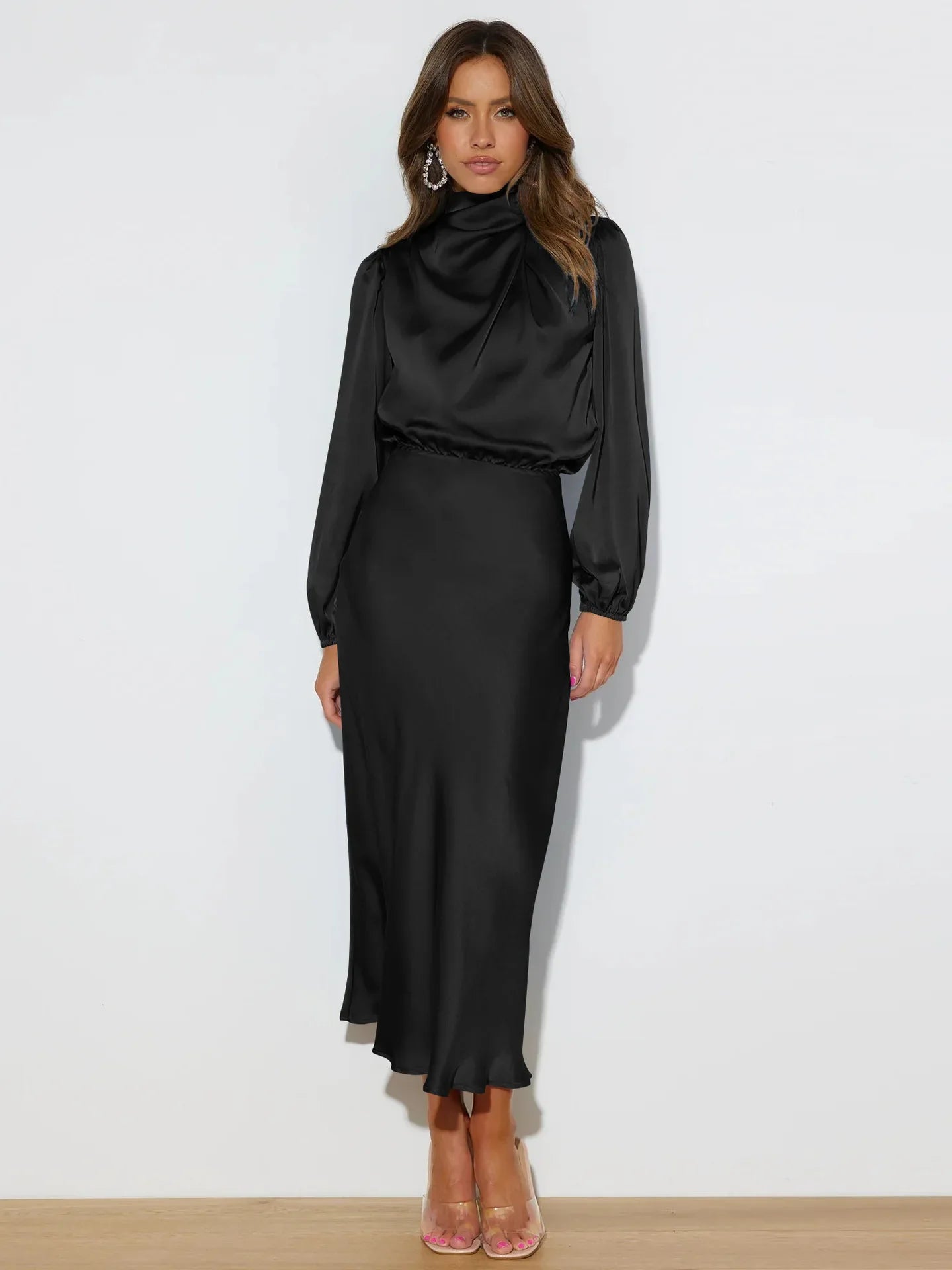 Vestido midi con cuello alto y mangas largas para mujer – VERIE