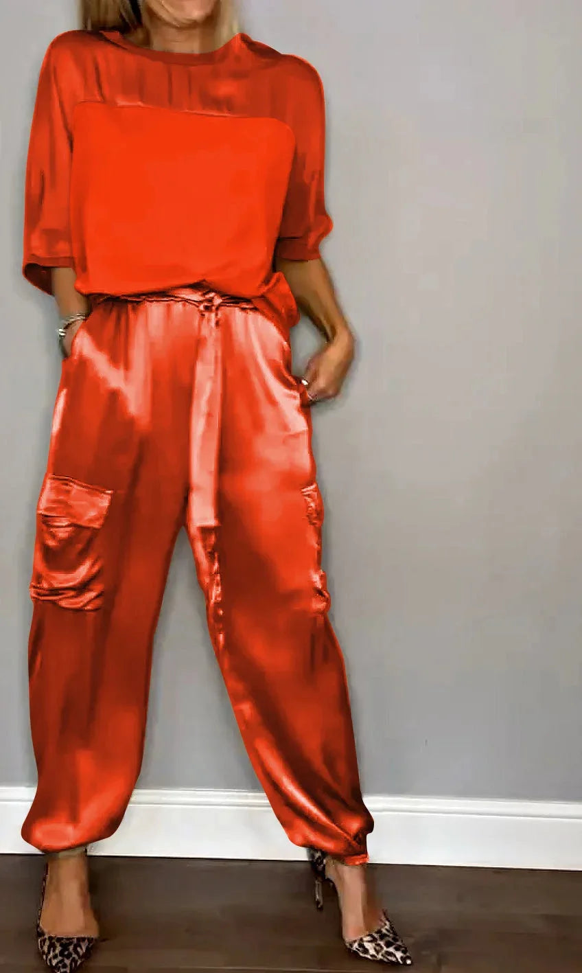 Conjunto satinado de dos piezas para mujer con top suelto y pantalón cargo – KALIA