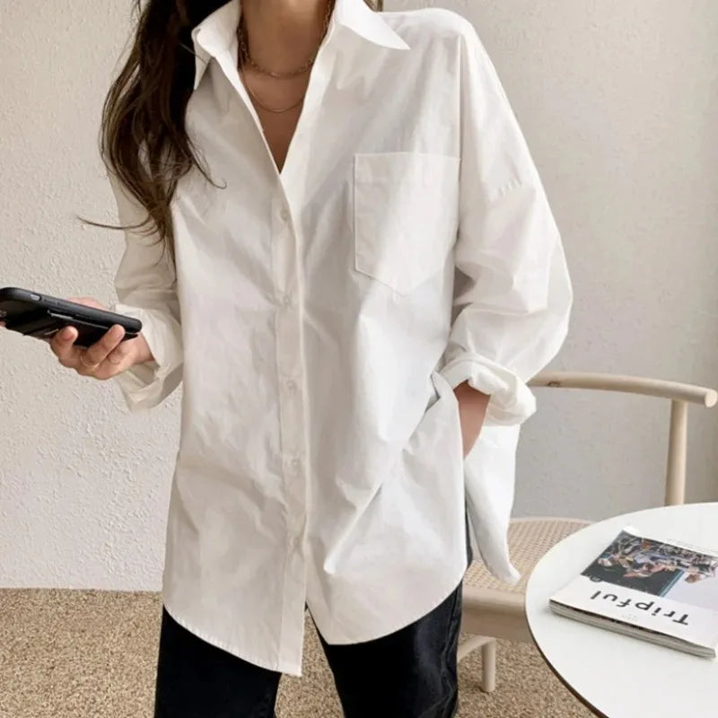 Selvyn – Blusa oversized de botones y manga larga para mujer