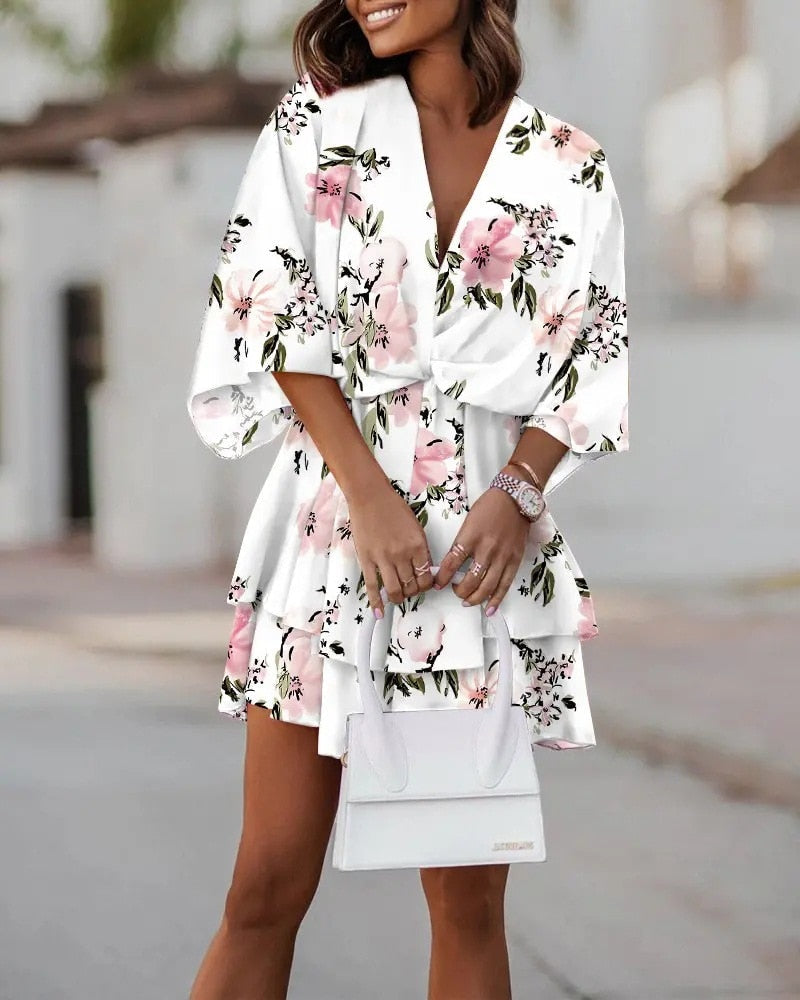 Camila – Vestido mini con estampado floral, escote en V y mangas largas para mujer