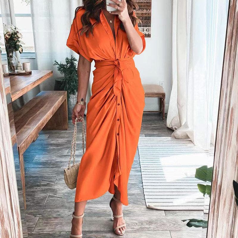 Marina – Vestido largo de satén con drapeado y lazo en la cintura para mujer