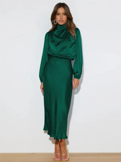 Vestido midi con cuello alto y mangas largas para mujer – VERIE