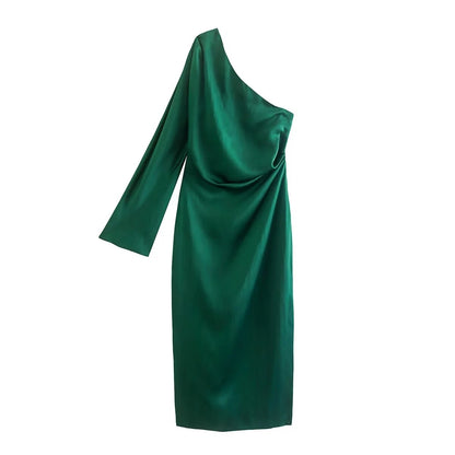 Gaia – Vestido satinado de un solo hombro en amarillo y verde para mujer
