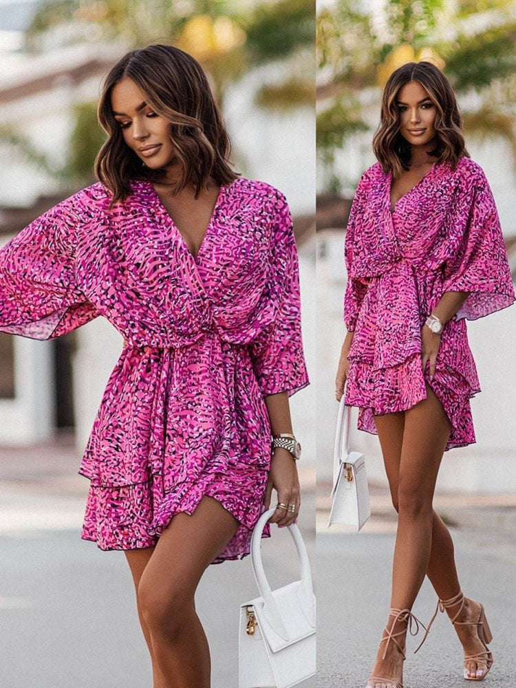 Camila – Vestido mini con estampado floral, escote en V y mangas largas para mujer