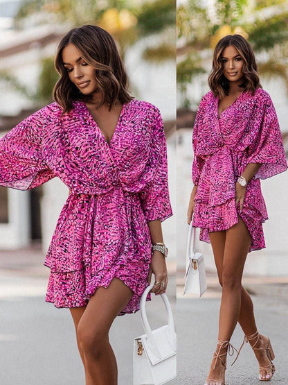 Camila – Vestido mini con estampado floral, escote en V y mangas largas para mujer
