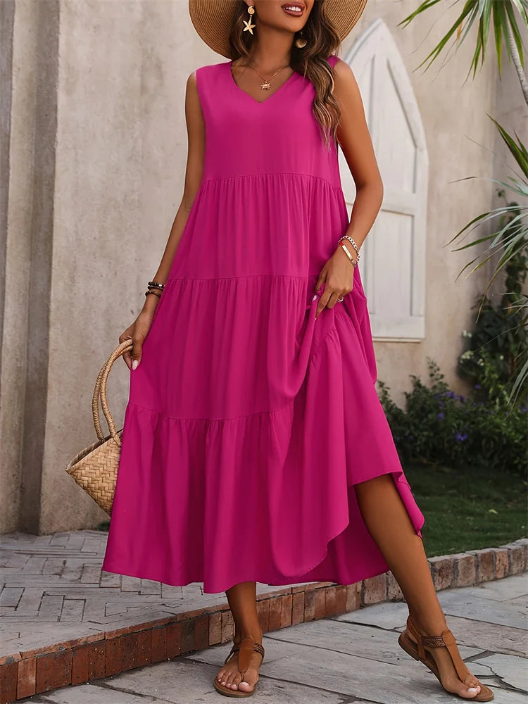 Vestido de verano sin mangas con escote en V y corte A – AROA