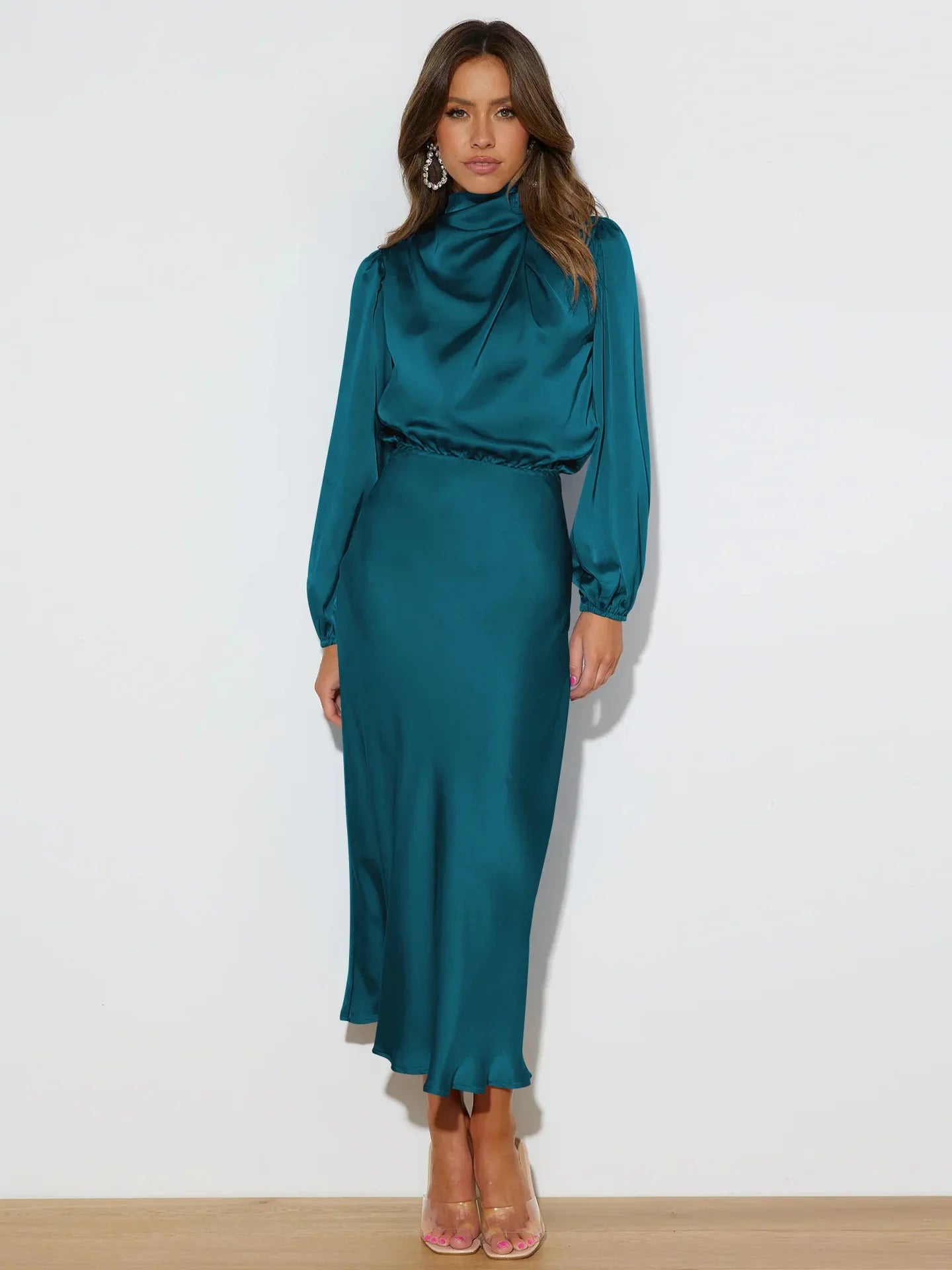 Vestido midi con cuello alto y mangas largas para mujer – VERIE