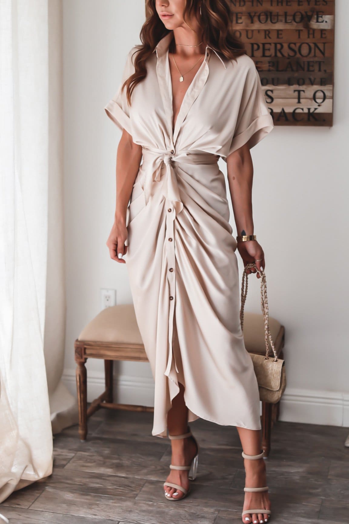 Marina – Vestido largo de satén con drapeado y lazo en la cintura para mujer