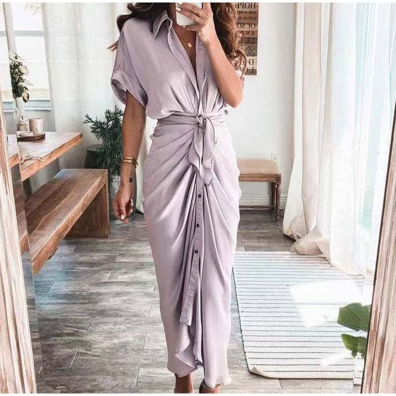 Marina – Vestido largo de satén con drapeado y lazo en la cintura para mujer