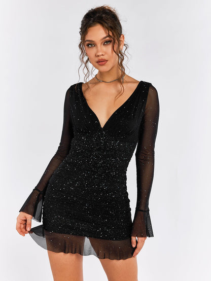 Aurielle – Vestido mini con brillo, escote en V y mangas con volantes para mujer