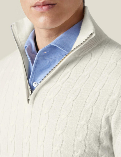 Suéter de hombre con dibujo trenzado y cuello alto con cremallera – ALDERIK