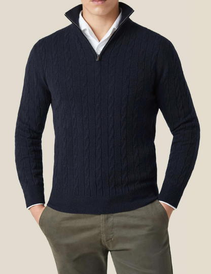 Suéter de hombre con dibujo trenzado y cuello alto con cremallera – ALDERIK