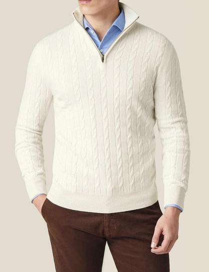 Suéter de hombre con dibujo trenzado y cuello alto con cremallera – ALDERIK