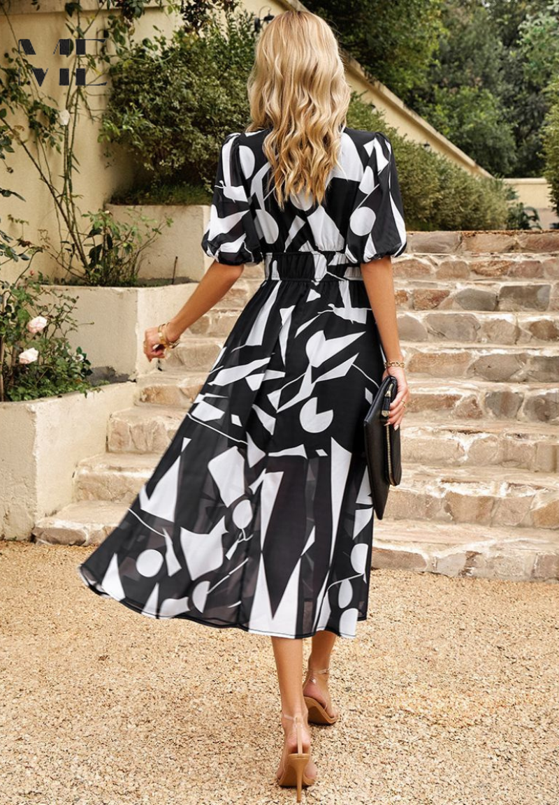 Amal – Vestido midi con escote en V y mangas abullonadas para mujer