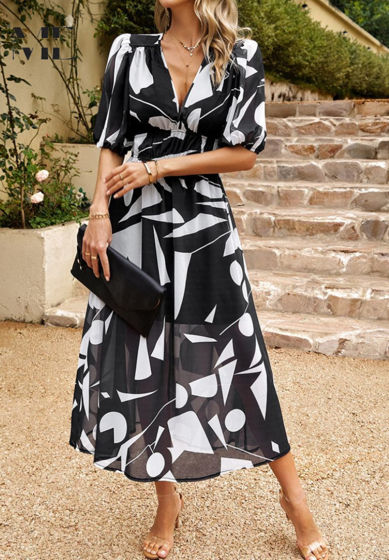 Vestido midi de mujer con escote en V y mangas abullonadas – FATIMA