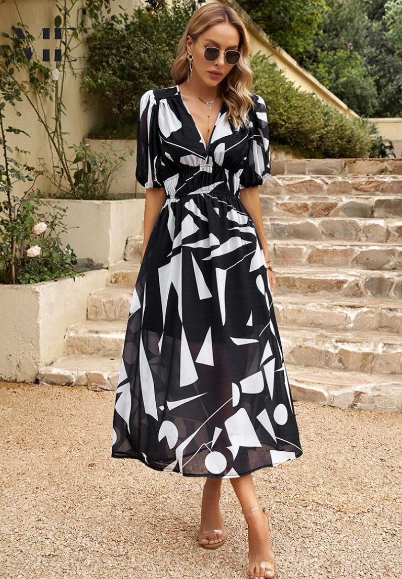 Vestido midi de mujer con escote en V y mangas abullonadas – FATIMA