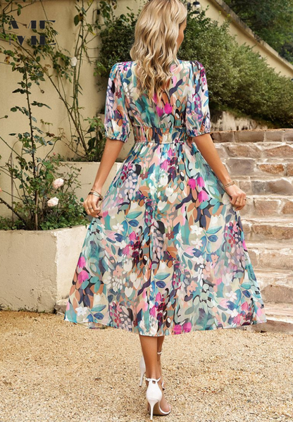 Amal – Vestido midi con escote en V y mangas abullonadas para mujer