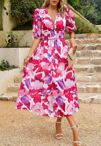 Amal – Vestido midi con escote en V y mangas abullonadas para mujer