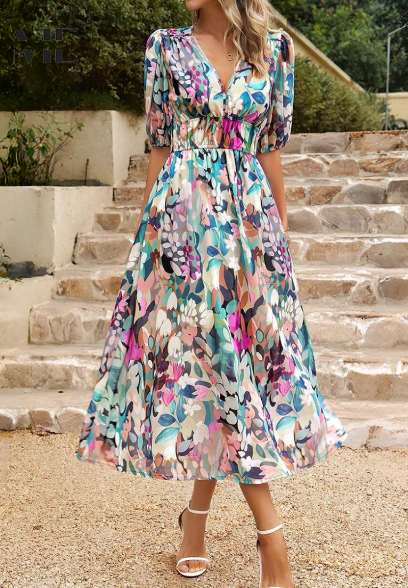 Vestido midi de mujer con escote en V y mangas abullonadas – FATIMA