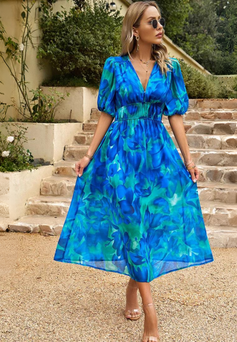 Vestido midi de mujer con escote en V y mangas abullonadas – FATIMA