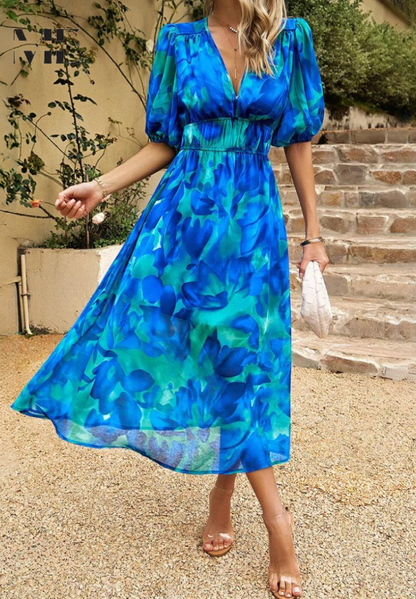 Amal – Vestido midi con escote en V y mangas abullonadas para mujer