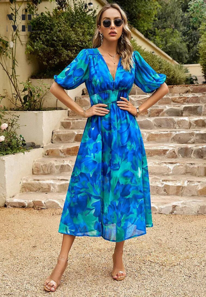 Vestido midi de mujer con escote en V y mangas abullonadas – FATIMA