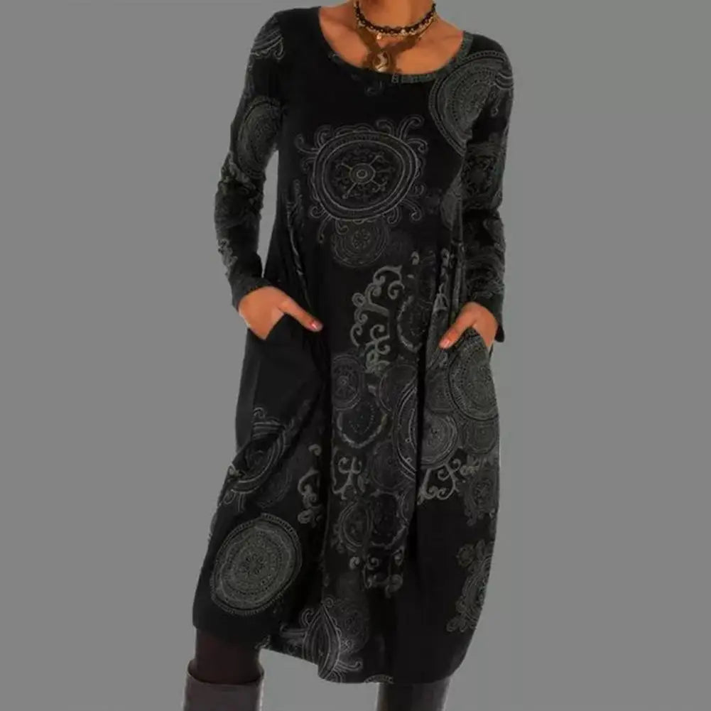Vestido bohemio midi con mangas largas y estampado único – SIENNA