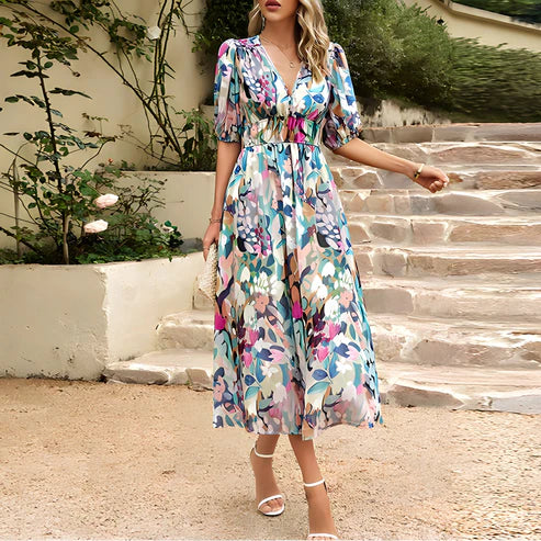 Emilia – Vestido midi con mangas abullonadas y escote en V profundo para mujer