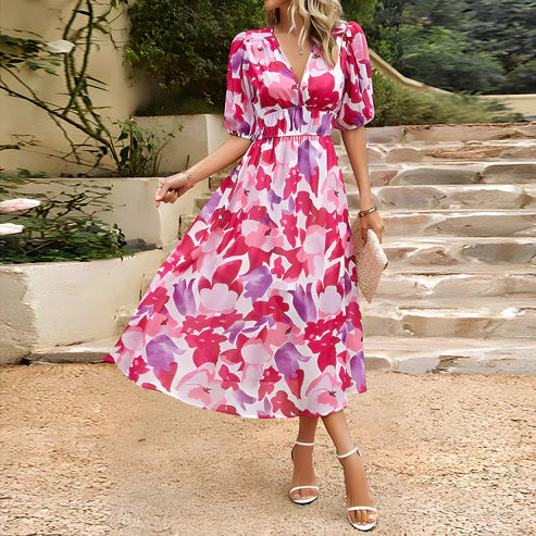 Emilia – Vestido midi con mangas abullonadas y escote en V profundo para mujer