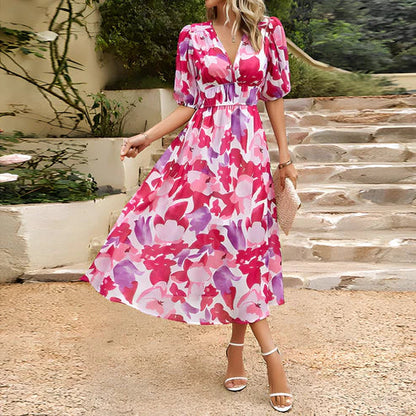 Emilia – Vestido midi con mangas abullonadas y escote en V profundo para mujer