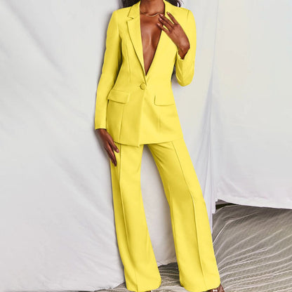 Traje chaqueta entallado para mujer con blazer y pantalón palazzo – ADRIANA