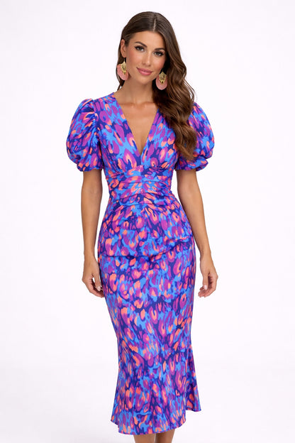 Vestido midi para mujer con mangas abullonadas y detalle calado – AYENNE