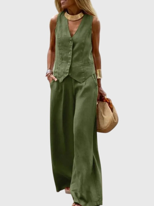 Amara – Conjunto elegante de dos piezas con pantalón fluido y chaleco estructurado para mujer