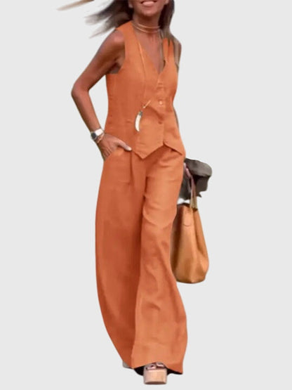 Amara – Conjunto elegante de dos piezas con pantalón fluido y chaleco estructurado para mujer