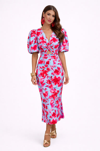 Vestido midi para mujer con mangas abullonadas y detalle calado – AYENNE